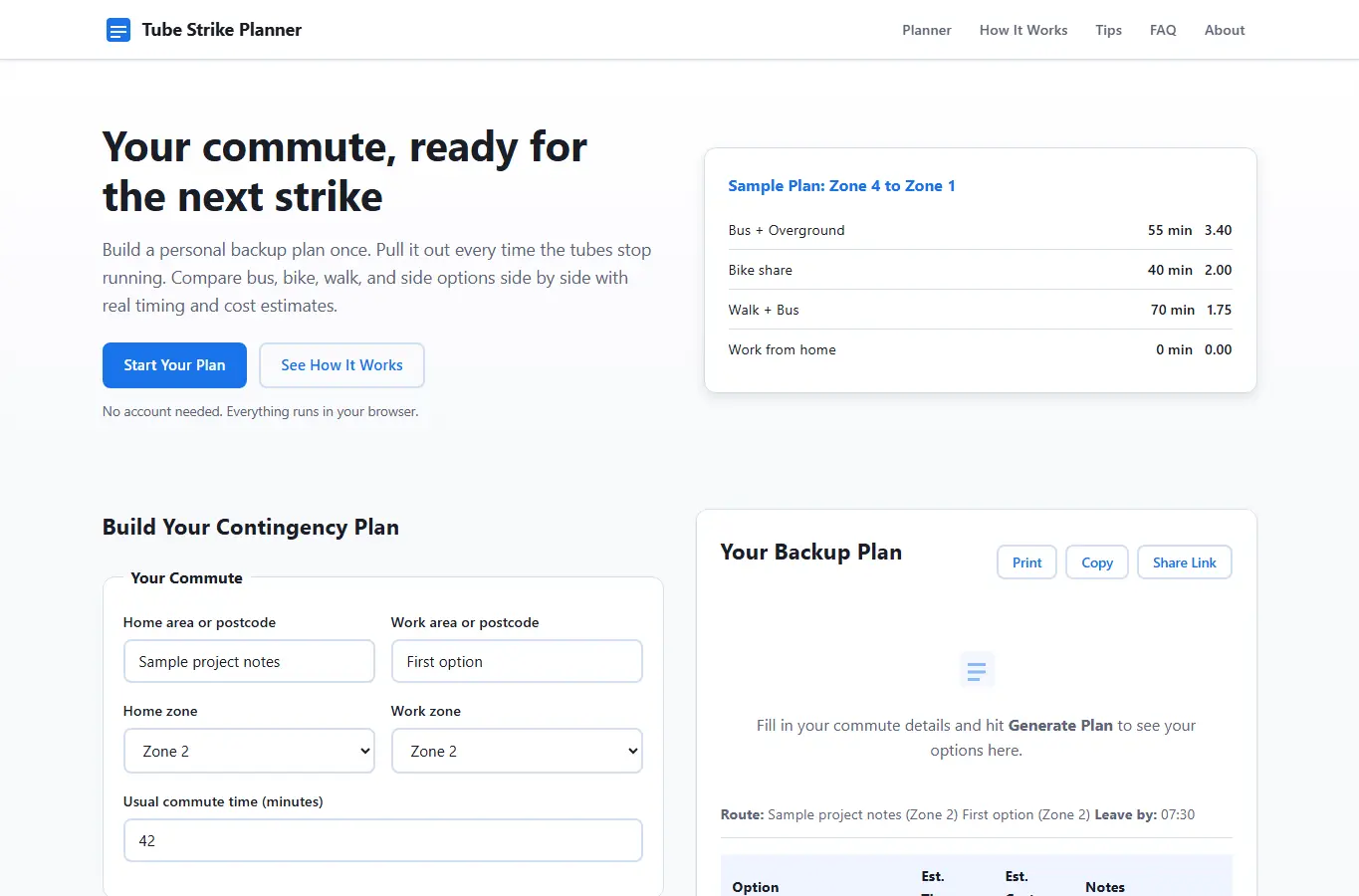 Screenshot of Tube Strike Commute Contingency Planner interface showing the project page in use